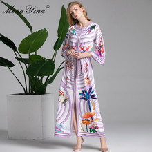 MoaaYina Fashion Designer Runway Plus Size 3XL Dress Autumn Women 3/4 Flare Sleeve Belted Print Bohemia Elegant Maxi Dresses 2024 - buy cheap