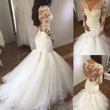 Vestido de novia luxo com decote em v sereia vestido de casamento mangas compridas vestido de noiva frisado laço ilusão voltar vestido de noiva 2024 - compre barato