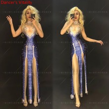 Nightclub Bar Women Singer DJ DS Pole Dance Rhinestone Sleeveless Sexy High Split Dress Stage Wear Performance Costume Outfits 2024 - buy cheap