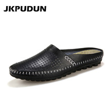 JKPUDUN Breathable Hollow Black Water Shoes Mens Half Loafers Genuine Leather Italian Summer Luxury Brand Slipon Men Espadrilles 2024 - buy cheap