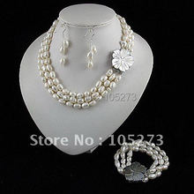 Charming!jewelry set 3rows AA 7-8MM White color Genuine freshwater pearl necklace bracelet earring Hot sale free shipping A2388 2024 - buy cheap