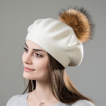 [Rancyword] boina feminina de lã tricotada para inverno, boinas de lã com pompom em pele verdadeira, gorros femininos de alta qualidade, rc2046 2024 - compre barato