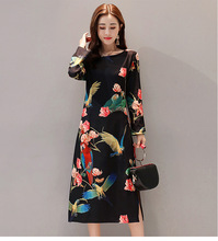 Robe Vestido Women Dress Vintage Floral Birds Printed Autumn Side Slit Long Sleeve Elegant Mid-Calf Elegant Dresses Plus Size 2024 - buy cheap