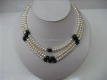 Красиво! Очаровательные 3 ряда 6-7 мм модные белые натуральные жемчужины черный сердолик круглые бусины ожерелье 17-19 дюймов BV363 2024 - купить недорого