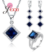 Square Cut Clear Crystal Blue Red Stone Women Fashion Jewelry Set Necklace Earring Ring Hot Sale Sterling Silver Chain 2024 - buy cheap