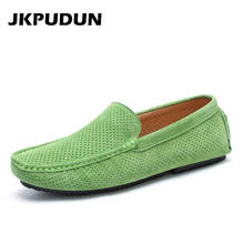 JKPUDUN Summer Breathable Hollow Shoes Men Loafers Luxury Brand Italian Fashion Casual Boat Shoes Men Leather Green Moccasins 2024 - buy cheap