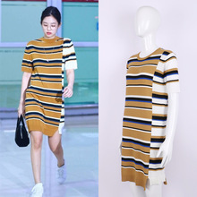 kpop Korean Celebrity the same splice striped dress women bodycon dress summer fashion korean streetwear round neck knit dresses 2024 - buy cheap