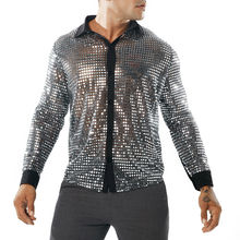 Men Luxury Tee Shirt Tights Tops Dot Scales Nightclub Lapel Long Sleeve Fitness Shirts Black Gold Silver 2024 - buy cheap