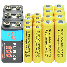 Bateria recarregável 9v, 600mah + aa, 3000mah + aaa, 1800mah, 1.2v, mh, bateria recarregável, amarelo 2024 - compre barato