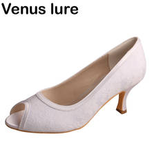 Custom Ladies Lace Shoes White Peep Toe Wedding Bridal Pumps Mid Heel 2024 - buy cheap