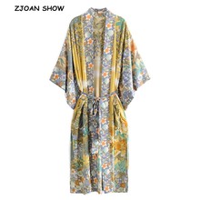 2019 Bohemian V neck Tiger Flower Print Long Kimono Shirt Ethnic New Women Lacing up Bow Sashes Long Cardigan Loose Blouse Tops 2024 - buy cheap