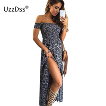 UZZDSS Vintage sexy side split off shoulder print summer dress High waist pleated maxi dress women Vintage beach dress 2024 - compre barato