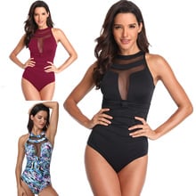 New One Piece Swimsuit 2019 Swimwear Women Print Solid Swimwear Vintage Retro Bathing Suits Sexy Mesh Monokini Swimsuit 2024 - buy cheap