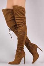 Black Brown Gray Khaki Knee High Long Boots Cross Tied Pointed Toe Faux Suede Lady Boots Side Zipper Thin High Heel Boots 2024 - buy cheap