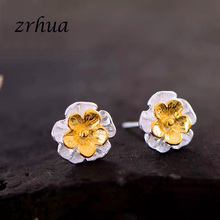 ZRHUA-joyería hecha a mano con doble flor elegante para mujer, aretes de estudio niñas, flor de plata 925 2024 - compra barato