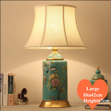 Chinese blue flower bird ceramic large Table Lamps vintage Touch Switch fabric copper base E27 LED lamp for bedside&foyer MF043 2024 - buy cheap