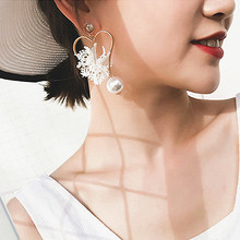 Korean Fashion Jewelry Temperament Love Heart Lace Imitation Pearl Crystal Earrings Female Long Tassel Earrings 2024 - buy cheap
