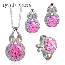silver plated stamped Clip Earrings Necklace Pendant rings Weddings Pink AAA CZ  Fashion Jewelry Set JS627 2024 - buy cheap