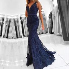 Vestido de noche musulmán azul marino, sirena, cuello en V, encaje con cuentas, Formal, islámico de Dubái, Arabia Saudí, largo, elegante 2024 - compra barato