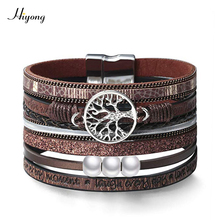 Fashion 5 Colors Multiple Layer Leather Bracelet For Women Pearl Tree of Life Wide Wrap Bracelet Magnet Clasp Bangles Jewelry 2024 - buy cheap