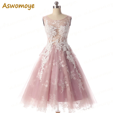 Aswomoye-vestido de baile, elegante, curto, noite, novo, estiloso, gola redonda, rosa, sem mangas, 2018 2024 - compre barato