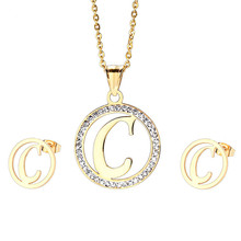 Stainless Steel Letter C Jewelry Sets,Gold Color Filled Clear Crystal Pendant Necklace & Stud Earrings ,Free Chain 2024 - buy cheap