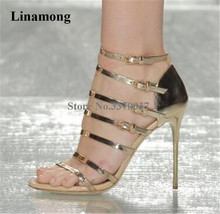 Women Elegant Fashion Open Toe Thin Straps Stiletto Heel Sandals Gold Leather Buckles Decorated High Heel Sandals Dress Heels 2024 - buy cheap