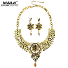 MANILAI Women Metal Flower Vintage Necklace Earring Set Fashion Charm Crystal Statement Necklaces Jewelry Sets Bijoux femme 2024 - buy cheap