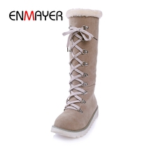 ENMAYER New Arrival Fashion Round Toe mid-calf Boots Women solid lace-up flat with boots Big size 34-43 ZYL631 2024 - buy cheap