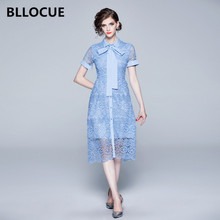 BLLOCUE 2019 New Summer Women Hollow Out Water Soluble Lace  Dress Elegant Bow Short Sleeve Single-Breasted Midi Party Dress 2024 - buy cheap