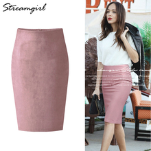 Streamgirl Women Suede Skirt Pink Women's Autumn High Waist Women Split Leather Skirt Knee Length 2018 Pencil Skirts Womens 2024 - buy cheap