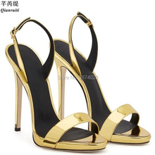 Qianruiti Celebrity Party Sandals Mirrored Gold Patent Leather Sandals Peep Toe Back Strap High Heels Red Black Beige Sandalias 2024 - compre barato