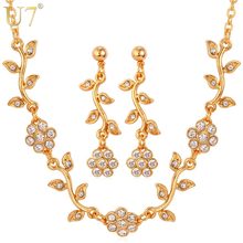 U7 Necklace Set Gold Color Rhinestone Plant Flower Necklace Earrings Party Jewelry Set For Women S567 2024 - купить недорого