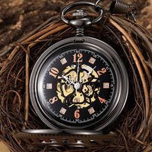Luxury Black Vintage Hand Wind Skeleton Mechanical Pocket Watch Men Steampunk Engraved Case Arabic Numeral Pocket Fob Watch Gift 2024 - buy cheap