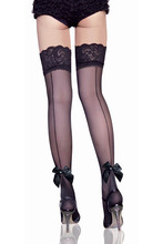 Sexy Sheer Stockings Lace Top Back Seam Thigh High Stocking Women Hold Up Black Stocking with Ribbon 2024 - buy cheap