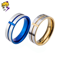 Модные Классические религиозные кольца с крестом, мужские ювелирные изделия, синяя титановая сталь, серебряный и золотой цвет, обручальное кольцо для женщин 2024 - купить недорого