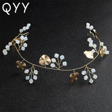 QYY Fashion Opal Gold Leaves Vine Wedding Headband Hair Jewelry Bridal Hair Accessories Bridesmaid Headpieces Tiaras for Women 2024 - buy cheap