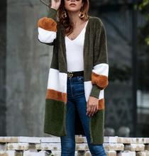 European and American Fashion V-neck sweater Long Coat Overcoat Plush Warm Stitching Cardigan Long Section Spring and Autumn 2024 - buy cheap