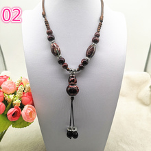 Fashion Ethnic Jewelry Traditional Handmade Ornaments Weave Wax Rope Ceramics Necklace Ceramics Beads Pendant Long Necklace #02 2024 - buy cheap