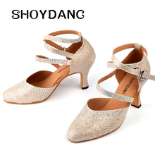 SHOYDANC-zapatos de baile para mujer, calzado de punta latina con diamantes de imitación cerrados, con fondo suave, color champán/plateado 2024 - compra barato