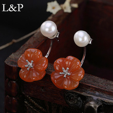 L & P 100% Plata de Ley 925-pendientes de tuerca de flor de ágata y Perla para mujer, joyería de plata fina, aretes 2024 - compra barato