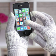 2020 зимние теплые перчатки для сенсорного экрана, мужские и женские шерстяные вязаные перчатки, варежки конфетных цветов со снежинками для планшетов 2024 - купить недорого