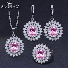 Angelcz na moda prateado meninas cz conjunto de jóias para as mulheres quente rosa cristal flor festa anel brincos pingente colar conjuntos aj120 2024 - compre barato