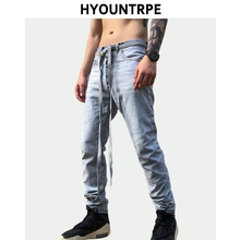 High Street Reversed Denim Jeans Mens Casual Zipper Slim Fit Biker Jean Pants with Long Belt New Fashion Hip Hop Pants Joggers 2024 - buy cheap