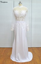 Кружевное свадебное платье цвета шампанского с длинным рукавом, Пляжное элегантное платье Бохо с высоким воротником и шлейфом 2024 - купить недорого