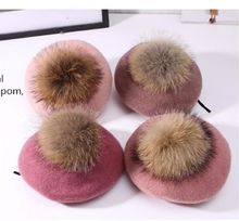 Winter women casual wool berets caps Thick warm hat Raccoon fur pom pom knitted cashmere berets hats Winter girl's cap 2024 - buy cheap