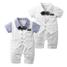 New born romper menino cavalheiro bow tie festa de casamento traje do bebê recém-nascido macacão de manga curta roupas de verão branco 2019 azul 2024 - compre barato