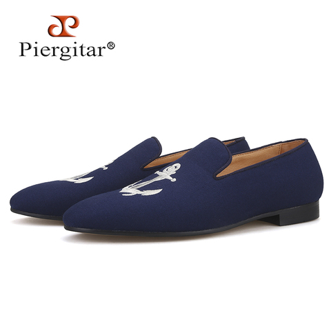 Piergitar 2019 navy colors Handmade Men Canvas Loafers with anchor Embroidery party and wedding men smoking slippers Slip-on 2022 - buy cheap