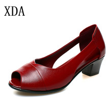 XDA 2019 Summer Genuine Leather Comfortable Ladies Mid Heel Sandals Women Shoes Hollow Peep Toe Square Heel Sandals Woman shoes 2024 - buy cheap
