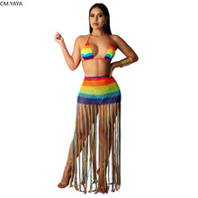 2019 women new rainbow stripe Crochet halter crop top tassel splicing sexy maxi skirt suit two piece set beach long dress GLZ051 2024 - buy cheap